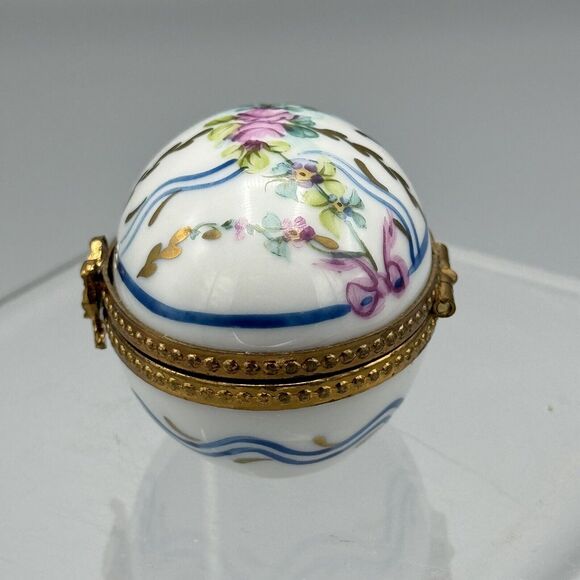 Vtg Limoges France Egg Shaped Hinged Trinket Box Floral Ribbon Thimble Inside - Picture 5 of 10